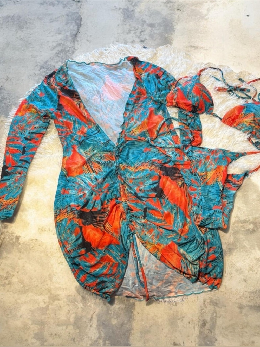Roxylicia Teal & Orange Tropical Ruched Bikini Dress Large 🔥🩵🔥🩵🔥 - Picture 3 of 8